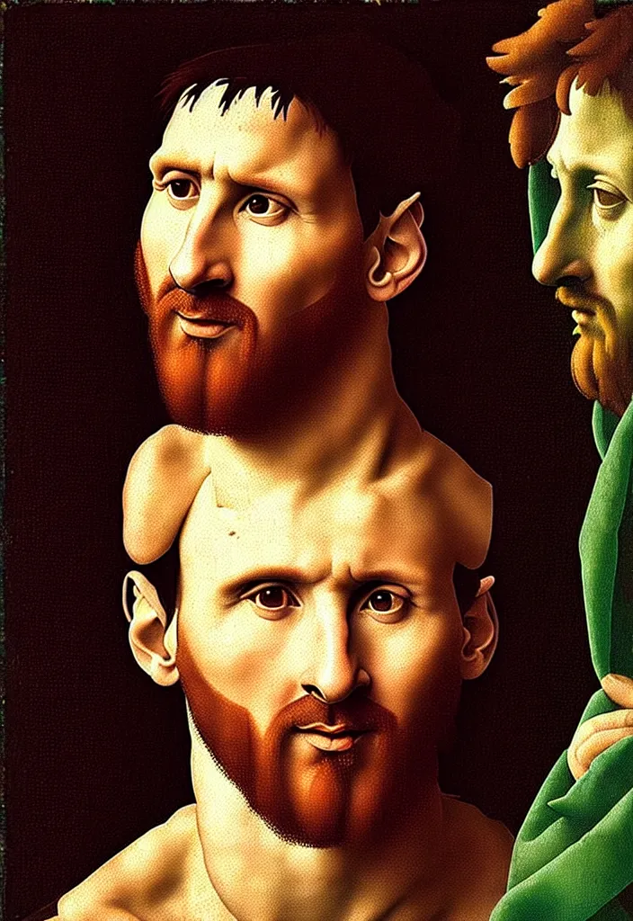 Image similar to “Lionel Messi with his face covered by a cropped out image of a renaissance painting by Michelangelo, art by Clvartspace, full body, photorealistic, grainy, cinematic, album cover aesthetic”