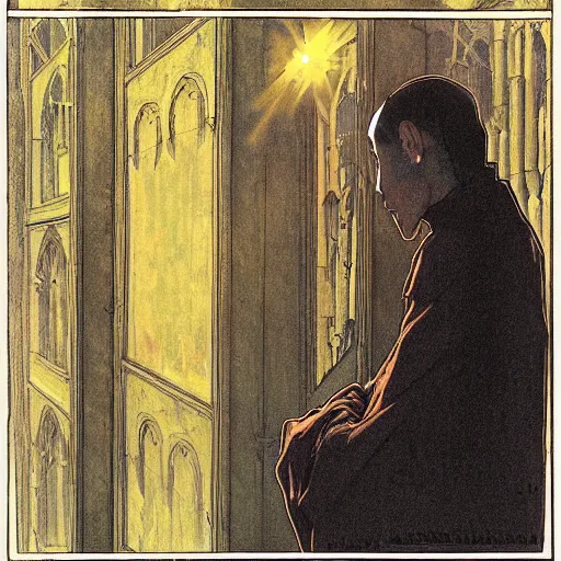 Prompt: A frightened young, thin and stern catholic priest in his thirties fervently praying as he is about to die from the ominous terrifying Lovecraftian yellow shadow descending upon him from the night sky. He is at the top of a medieval tower. Low angle, dramatic lighting. Art by Greg Rutkowski and Alphonse Mucha