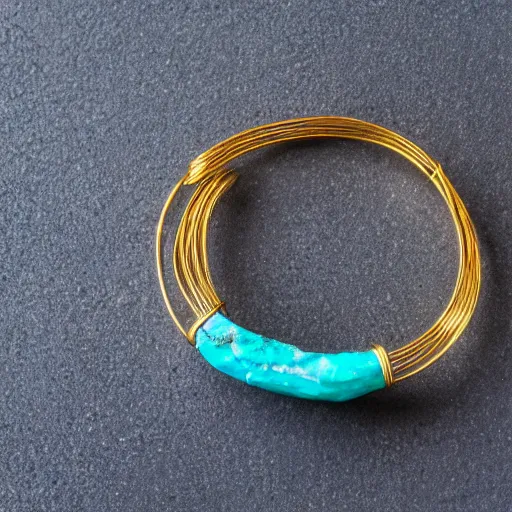 Prompt: Ancient Primitive Gold Bangle, 14K Gold Wire, Single Center Turquoise, Shungite Bangle, Mineral and Gold Jewelry, Product Photography