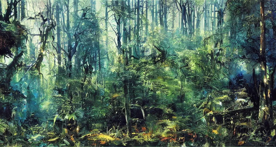 Image similar to Enchanted and magic forest, by John Berkey