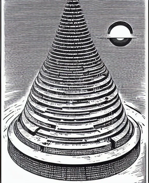 Prompt: realistic space mothership in the shape of pyramid with book tractor beam on white background, art by james o barr and albrecht durer, woodblock print, engraved, black and white, vector, vector art