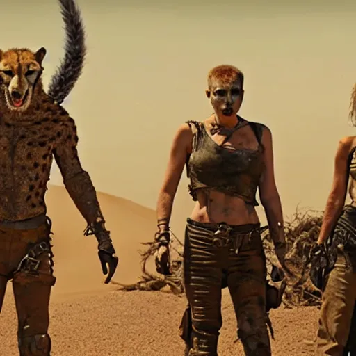 Prompt: a film still from the movie mad max fury road of the anthropomorphic anthro cheetah wolf lizard raiders wearing scavenger clothes standing in the post apocalyptic wasteland