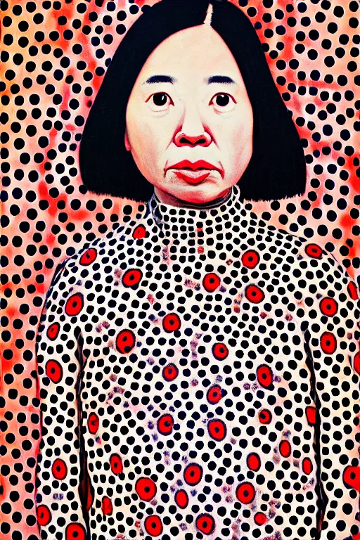 Image similar to a portrait a very ordinary person, by Yayoi Kusama, oil painting, pattern, anatomically correct, beautiful perfect face, large brushstrokes, sharp focus, Highly Detailed