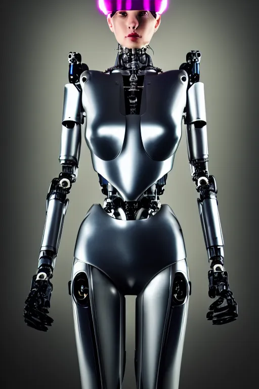 Image similar to cybernetic ultra high tech female robot with cat ears, sci - fi, cyberpunk, high tech, futurism, exoskeleton, symmetry, cinematic, elegant, luxury, perfect light, perfect composition, dlsr photography, sharp focus, 8 k, ultra hd, sense of awe, highly detailed, realistic, intricate, science journal cover