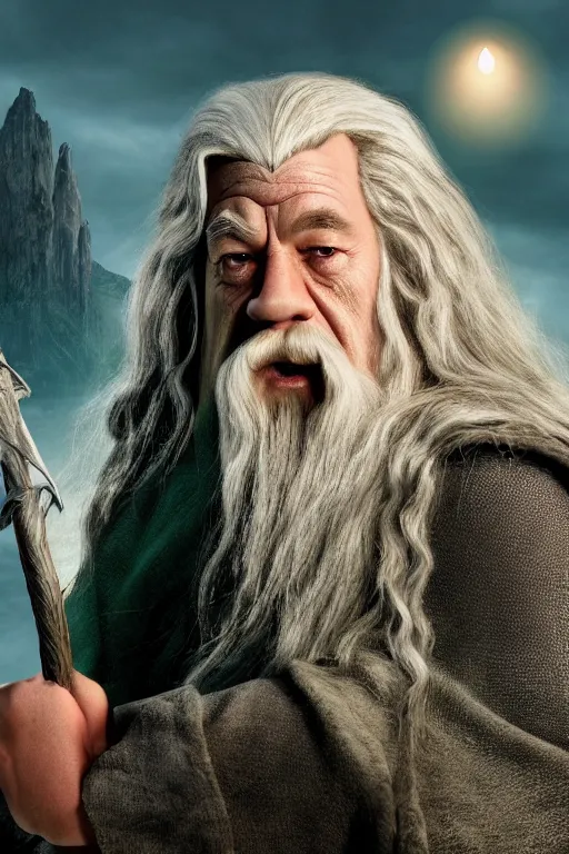 Image similar to film still of gandalf as shrek in lord of the rings movie, glamour pose, dramatic lighting, octane, volumetric lighting, 8 k