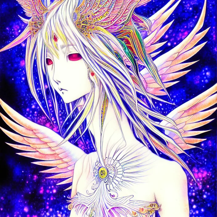 Prompt: stylized art of an psychedelic angelic celestial being by yoshitaka amano, trending on pixiv, anime style, winged head, white gold skin, ayahuasca, sacred geometry, esoteric art, watercolor