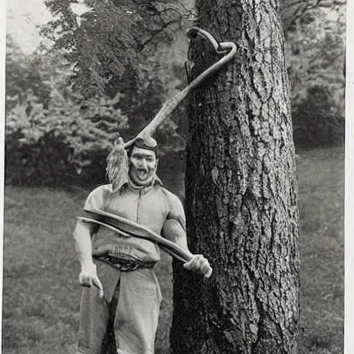 Prompt: A vintage photograph of a real fantasy giant holding a tree as a mace W- 768