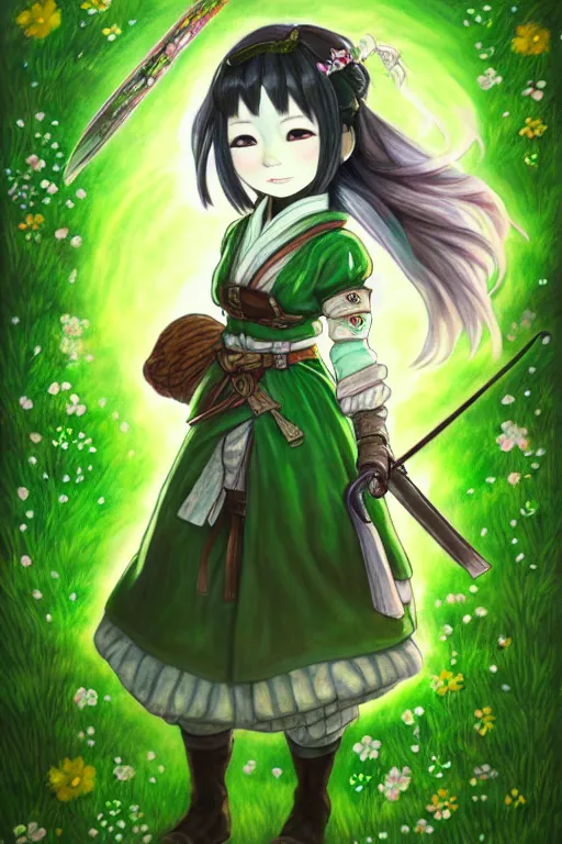 Prompt: a portrait of japanese girl farmer wearing green dress, magic flower background, fantasy, dungeons and dragons, an ultrafine detailed painting, chibi, detailed painting, boris valejo. octopath traveler decal!!!