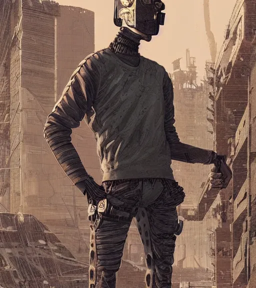 Prompt: a cyberpunk man with mole-like features explores a ruin, techwear, Industrial Scifi, detailed illustration, character portrait, by Martin Grip and Moebius