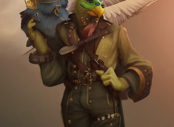 Image similar to character portrait feature of the anthro male anthropomorphic kakapo fursona wearing steampunk pirate airship captain outfit uniform professional pilot character design stylized by charlie bowater, ross tran, artgerm, and makoto shinkai, detailed, soft lighting, rendered in octane