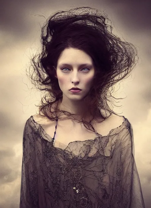 Image similar to Kodak Portra 400, 8K, soft light, volumetric lighting, highly detailed, fine art portrait photography in style of Paolo Roversi, britt marling style 3/4 face merging with stormy clouds in metamorphosis complex 3d render , 150 mm lens, art nouveau fashion embroidered, intricate details, elegant, hyper realistic, ultra detailed, octane render, etheric, outworldly colours, emotionally evoking, head in focus, fantasy, ornamental, intricate, elegant, 8K, soft light, volumetric lighting, highly detailed, Refined, Highly Detailed, soft lighting colors scheme, fine art photography, Hyper realistic, photo realistic