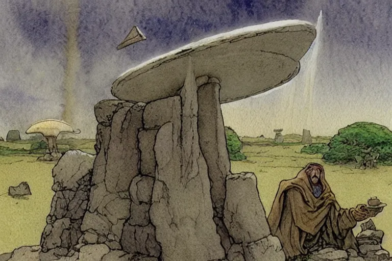 Image similar to a realistic and atmospheric watercolour fantasy concept art of a ufo landing in a tiny stonehenge. one dirty medieval monk in grey robes is pointing up at the ufo. muted colors. by rebecca guay, michael kaluta, charles vess and jean moebius giraud