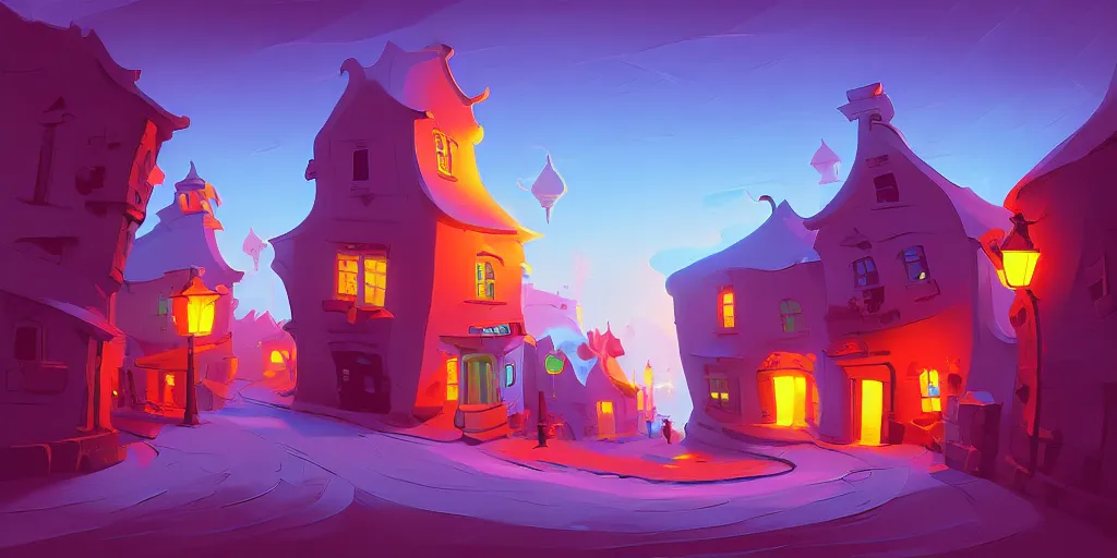 Image similar to curved perspective digital art of curvy clouds in a small village with a cobblestone street by anton fadeev from nightmare before christmas