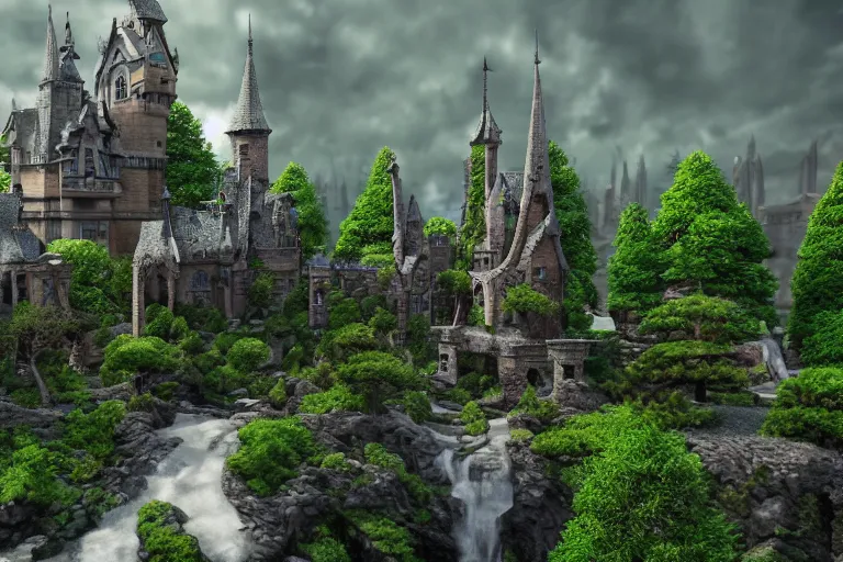 Prompt: Firt person matte painting of witch academy castle with many bonsai trees on the right with small waterfall, highly detailed garden in the middle, many stone statues, gothic building style, highly detailed, 4k, 8k resolution, trending on artstation, artstationHD, artstationHQ, octane render.