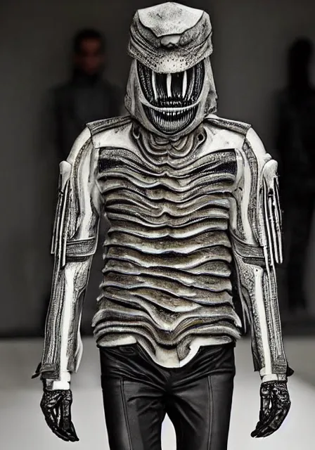 Image similar to designer menswear jacket inspired by h. r. giger designed by alexander mcqueen