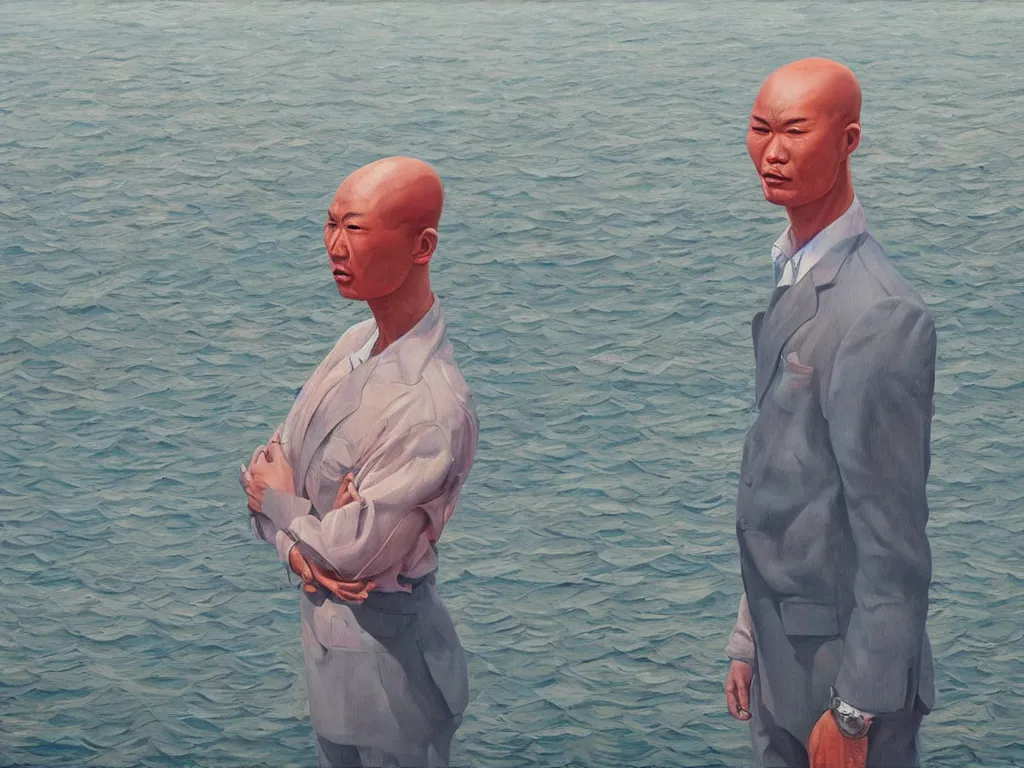 Prompt: ‘The Center of the World’ (Fang Lijun Cynical Realist painting, bald head, ocean sea) was filmed in Beijing in April 2013 depicting a white collar office worker. A man in his early thirties – the first single-child-generation in China. Representing a new image of an idealized urban successful booming China.