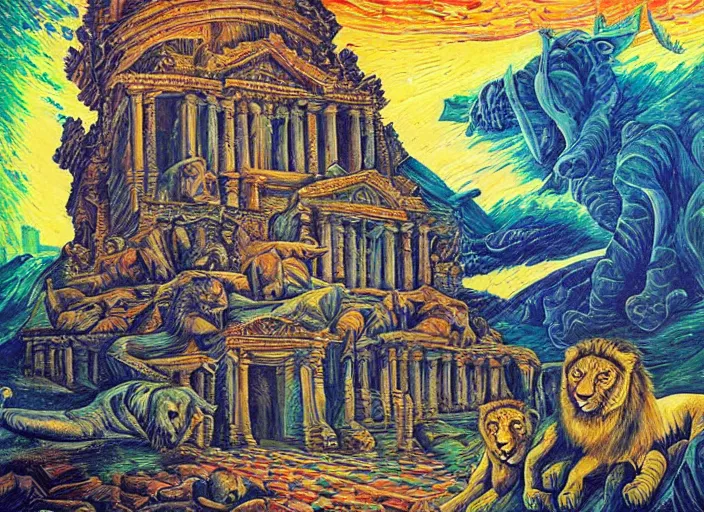 Prompt: “A surreal oil painting of an ancient temple guarded by lions, by Dan Mumford and Umberto Boccioni, open portals, realistic shading, complimentary colors, vivid colors, aesthetically pleasing composition, masterpiece, 4k, 8k, ultra realistic, super realistic”