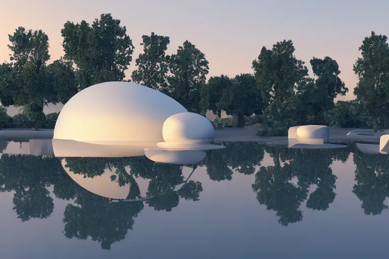 Image similar to 2 0 white round egg shaped buildings are combined to form a post - modern building, by pierre bernard, on the calm lake, people's perspective, future, interior wood, dusk, unreal engine highly rendered, global illumination, radial light, internal environment