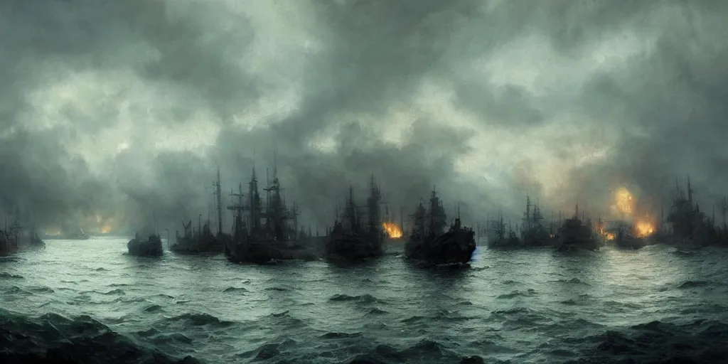 Prompt: Hyper realistic oil painting of a medieval fleet burning, pillars of dark smoke rising from the ships, stormy weather, dark clouds, fog, moody cinematic lighting, atmospheric, dark, by Greg Rutkowski, trending on artstation