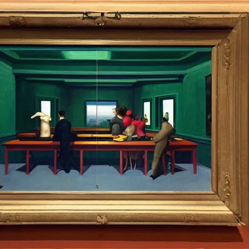 Image similar to painting, view from inside edward hopper's painting nighthawks, of people in art museum looking at the painting, by magrirre, by neo rauch