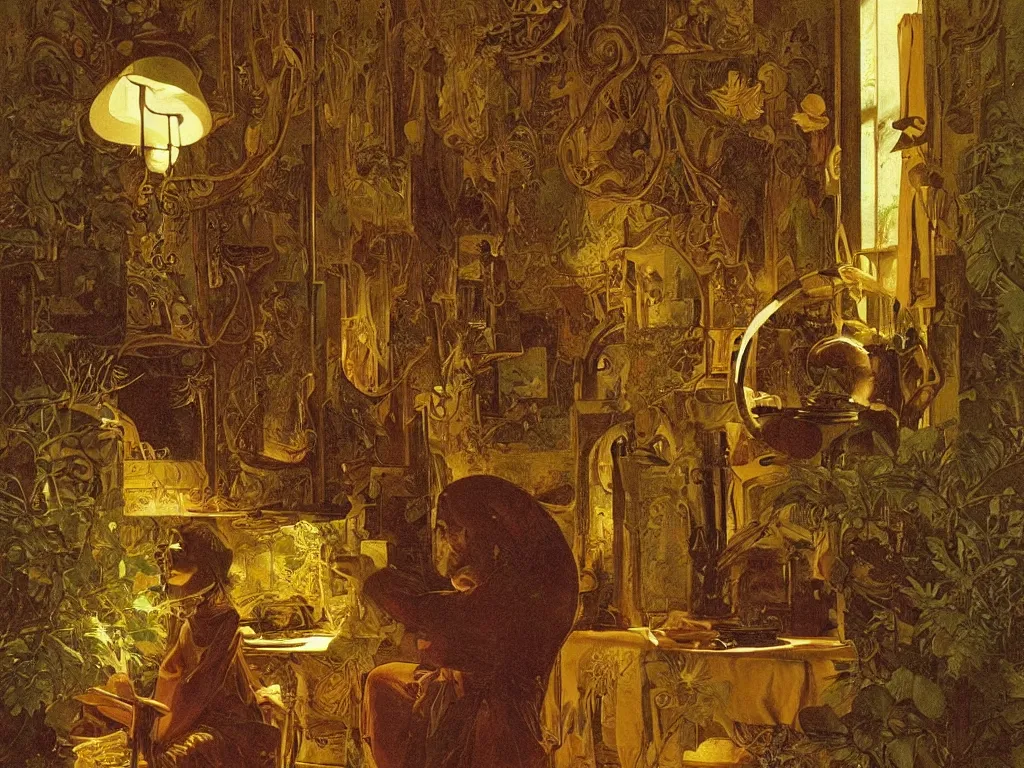 Prompt: someone doing something with a nondescript object in a nonspecified interior. Golden light, painting by Georges de la Tour, Ernst Haeckel