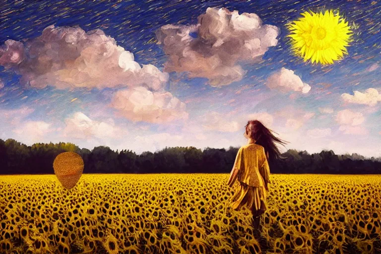 Image similar to huge sunflower head, girl walking in wheat field, hills, surreal photography, dark night, star trails, dramatic light, impressionist painting, clouds, digital painting, artstation, simon stalenhag