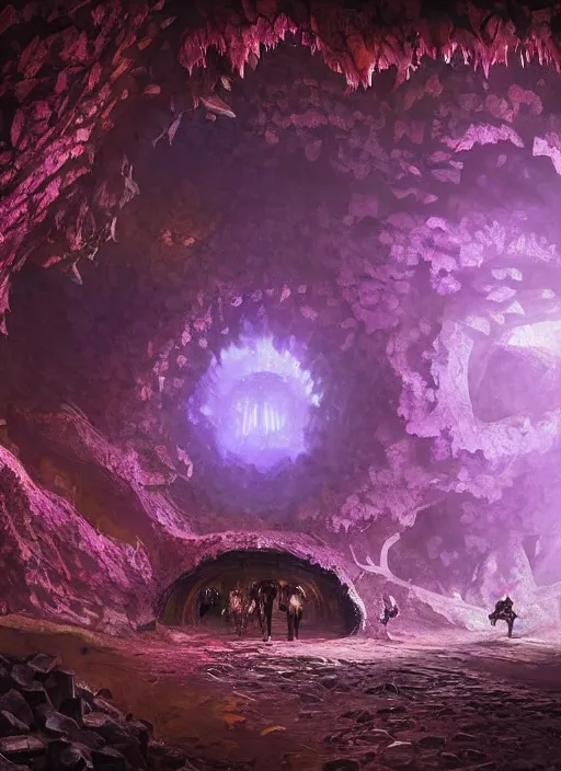 Image similar to beautiful hyper realistic zergling tunnel in cave of purple crystals, beautiful painting by greg rutkowski