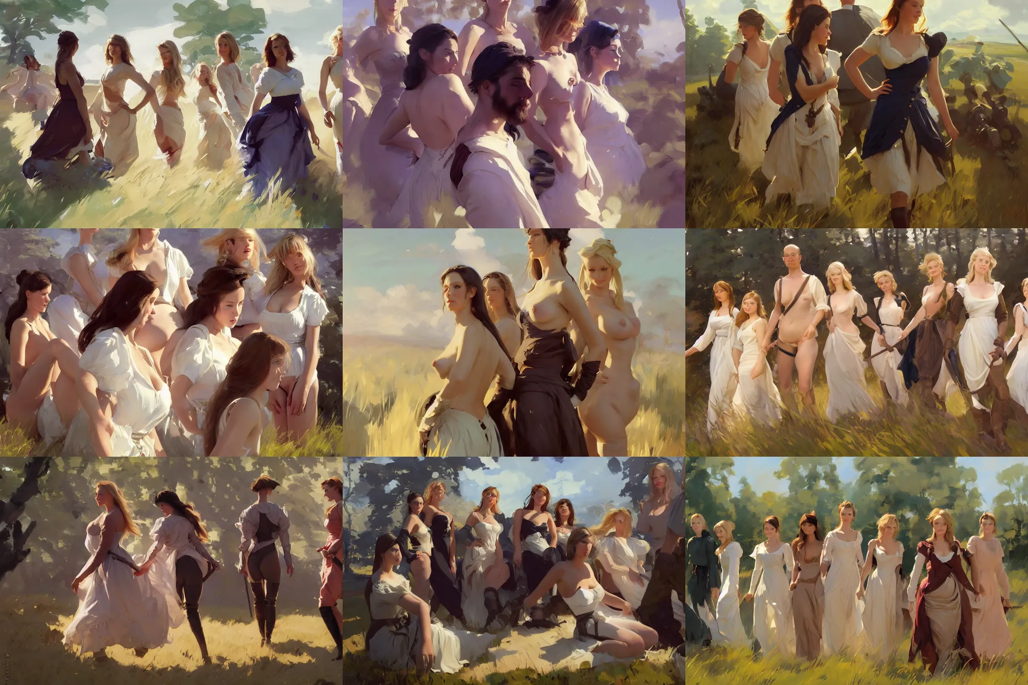 Image similar to five of beautiful finnish norwegian swedish scandinavian attractive glamour models wearing 1 7 th century stays with low neckline walking in the field in a sunny day, jodhpurs greg manchess painting by sargent and leyendecker, studio ghibli fantasy close - up shot asymmetrical intricate elegant matte painting illustration hearthstone, by greg rutkowski by greg tocchini by james gilleard