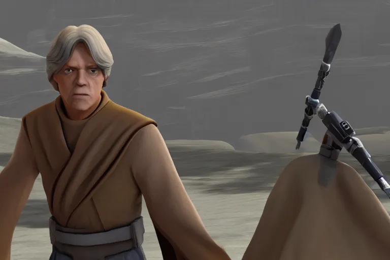 Prompt: old luke skywalker in the style of the clone wars 3 d animation, 3 d, unreal engine detailed,