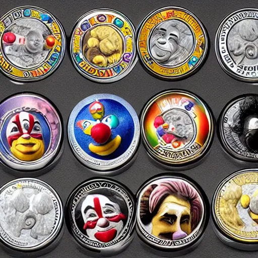 Image similar to The money of clowns coins, photo realistic, highly-detailed, award-winning