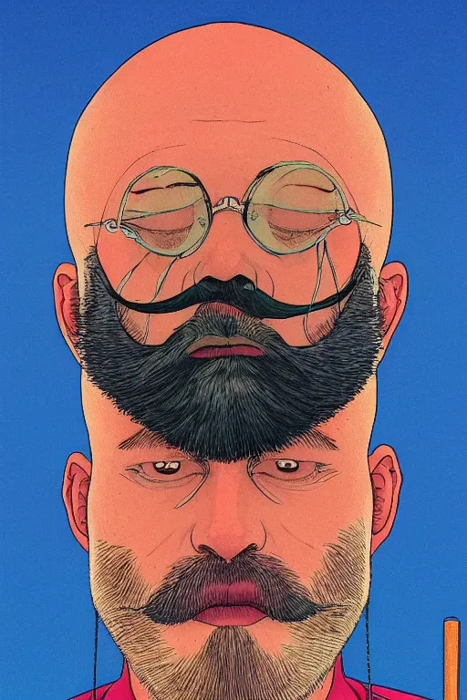 Prompt: a colorful closeup portrait of a bald man with a large beard sucking a blotter paper of lsd acid and dreaming psychedelic hallucinations in the vast icy landscape of antarctica, by kawase hasui, moebius and edward hopper, colorful flat surreal design, hd, 8 k, artstation