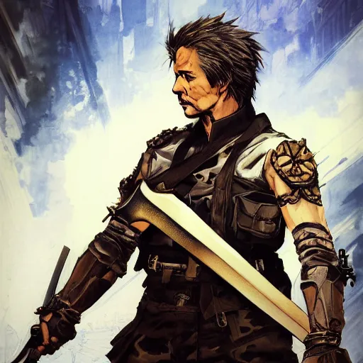 Image similar to portrait of a hero holding his sword in front of his face by yoji shinkawa, high quality, extra details, realism, ornate, colored, golden chain, blood, white skin, short hair, brown eyes, vivid, sunlight, dynamic, american man, freedom, white american soldier, painting