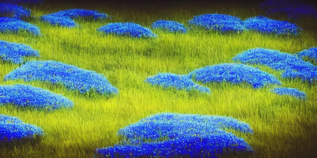 Prompt: ( * ) midnight, meadows on hills, blue flowers bloomed all over, glowing spores flying, photo, cinematic, 4 k, incredibly detailed, ephemere, feerique atmosphere contemplative