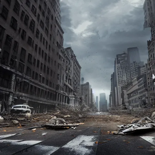 Image similar to new york abandoned attacked by giant worm, post apocalyptic, damage road