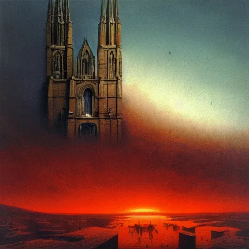 Prompt: an ominous gigantic cathedral, made by Beksinski, red sky above it, 8k,