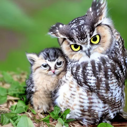 Prompt: owl cuddling small kitten, high quality photo