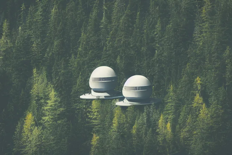 Image similar to sci fi nuclear containment buildings in a steep sided valley with trees, ufo flying around, a sense of hope and optimism, birds overhead, stark light, day time, unsplash, national geographic, hd, high res