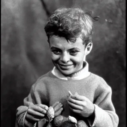 Image similar to the little prince of saint exupery smiling with a purple flower on his hand made of clay