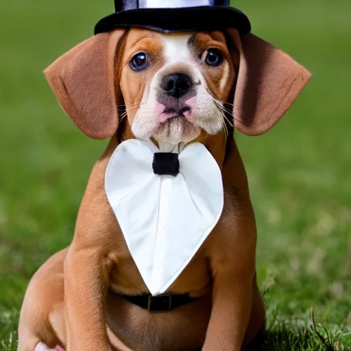 Image similar to puppy wearing a monocle and a top hat