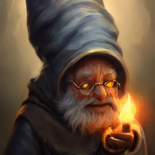 Prompt: old gnome wizard in the style of Greg Rutkowski, realistic painting, high definition, digital art, very detailed