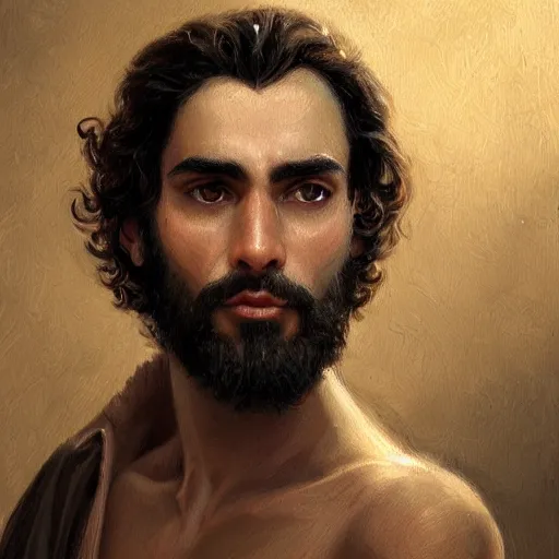 Image similar to portrait of a young italian male, very curly dark shoulder length hair, round nose, angular eyebrows, short patchy beard, closeup portrait, elegant, highly detailed, oil painting, artstation, concept art, matte, sharp focus, illustration, hearthstone, art by earl norem