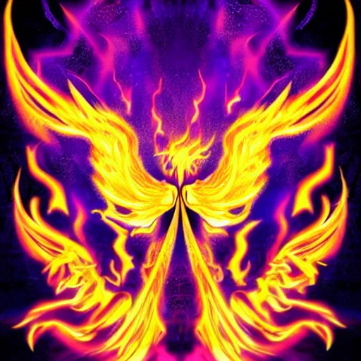 Prompt: white phoenix on flames orange purple background stylised poster art