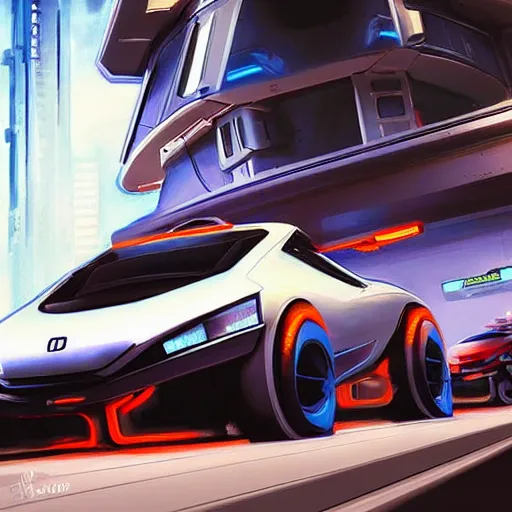 Prompt: a beautiful painting of a cool futuristic honda civic hovercar flying above a cyberpunk city powered by jet boosters, concept art, scifi art, digital art