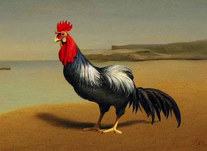 Image similar to rooster, beach, painting, fine art, hard edge painting, tonal colors, polychromatic - colors, by richard dadd