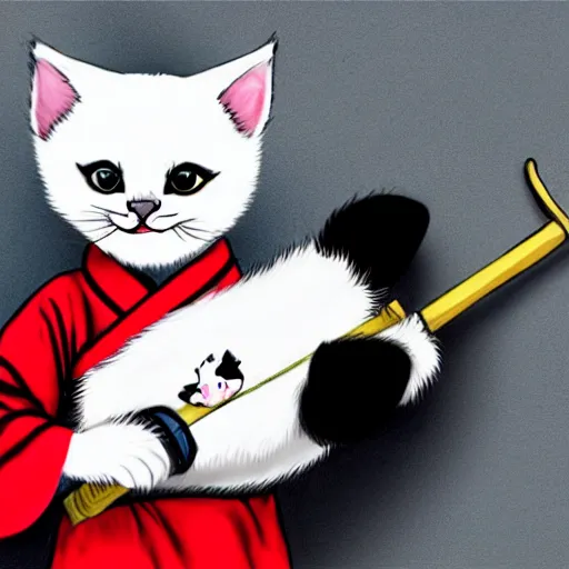 Prompt: kids drawning of a cute kitten with panda body and cat face, in a kimono, holds a sword, by a six years old 4 k