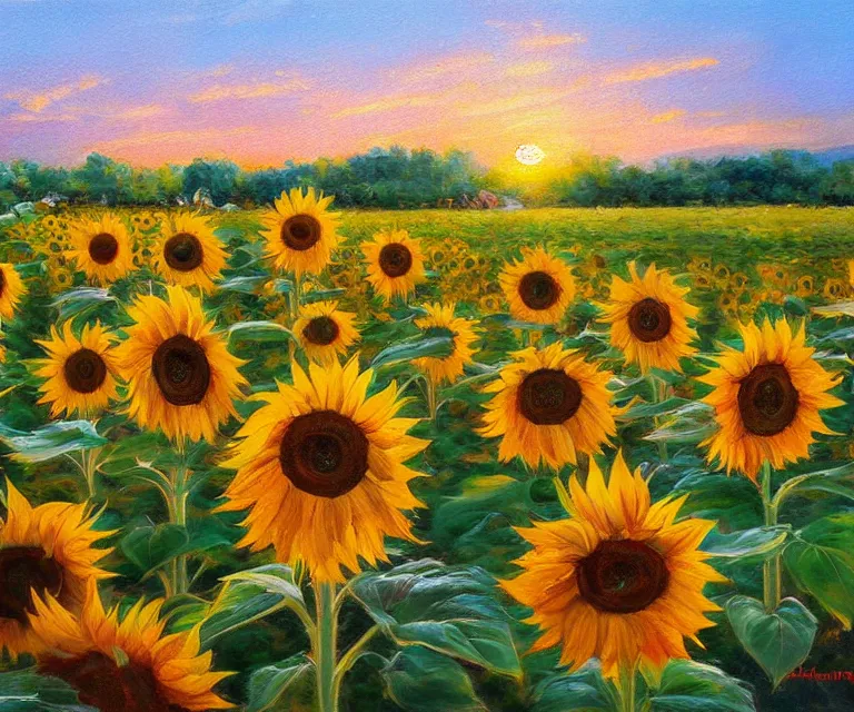 Image similar to sunflowers, william henrits, hovik zohraybyan, oil painting, bright colors, pink skies, sunrise, soft tones