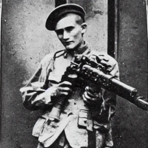 Image similar to old wartime photograph of vitalik buterin holding a lewis gun, 1 9 1 7