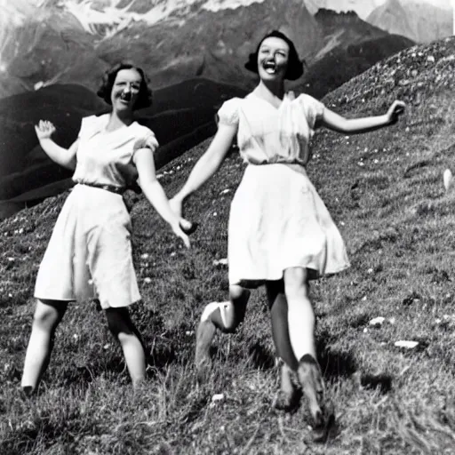 Prompt: maidens frolicking atop a grassy hill in the Swiss alps, 1935