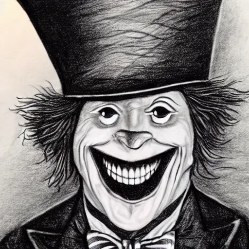 Image similar to horrifying charcoal drawing of the mad-hatter-willie-wonka-babadook