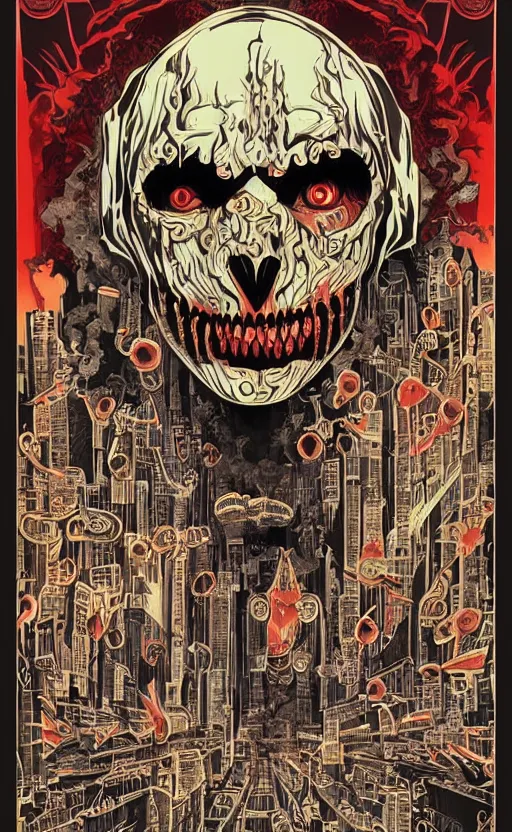 Image similar to cursed with necronomicon horrorcore cel animation poster depicting i don't know, intricate faces, metropolis, 1 9 5 0 s movie poster, post - processing, vector art